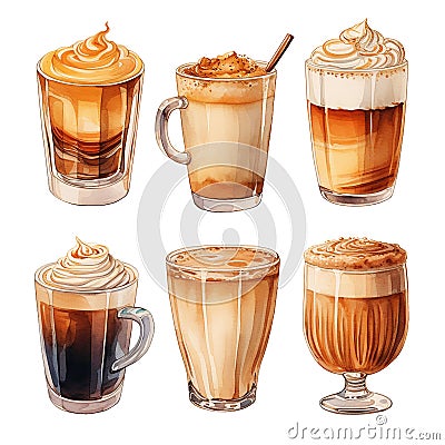 set with coffee drinks in glasses. sweet cold coffee drinks with milk and whipped cream. Stock Photo