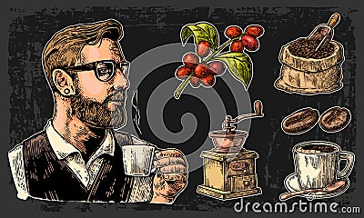 Set coffee. Hipster barista holding a cup, sack with wooden scoop and beans, cup, branch with leaf and berry. Vector Illustration