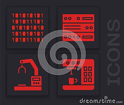 Set Coffee machine, Binary code, Server, Data, Web Hosting and Robotic robot arm hand factory icon. Vector Vector Illustration