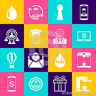 Set Coffee machine and cup, , Laptop with dollar, Keyhole, Graduation cap on globe and Marketing target strategy icon Vector Illustration