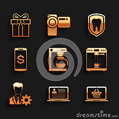 Set Coffee machine with pot, Laptop resume, Shopping basket on laptop, and cup, Profile settings and Smartphone dollar Stock Photo