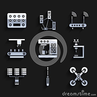 Set Coffee machine, Screwdriver, Drone flying, Microscope, Server, Data, Web Hosting, Factory conveyor system belt Vector Illustration