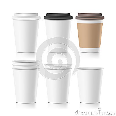 Set Coffee Paper Cups Vector. Empty Clean Paper Collection 3d Coffee Cup Mockup. Isolated Illustration Vector Illustration