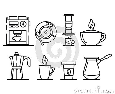 Set of coffee preparation.Ground coffee machine,paper cup package. Vector Illustration