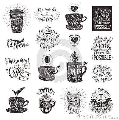 Set of Coffee quotes with a cup. Vector hand-drawn lettering Vector Illustration