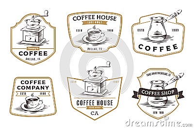 Set of coffee shop emblems, badges and logo isolated on white ba Vector Illustration