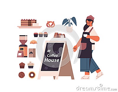 Set coffee shop tools and accessories with female barista in uniform sweets and coffee collection Vector Illustration