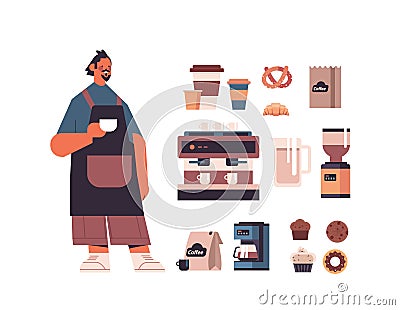 set coffee shop tools and accessories with male barista in uniform sweets and coffee collection Vector Illustration