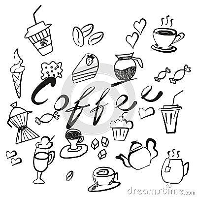 Set of coffee and tea icons handmade Vector Illustration