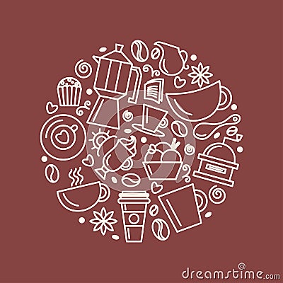 Set of coffee theme. Line art draw icons in the circle. Vector Illustration