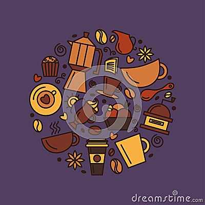 Set of coffee theme. Line art draw icons in the circle. Vector Illustration