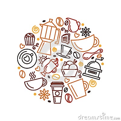 Set of coffee theme. Line art draw icons in the circle. Vector Illustration