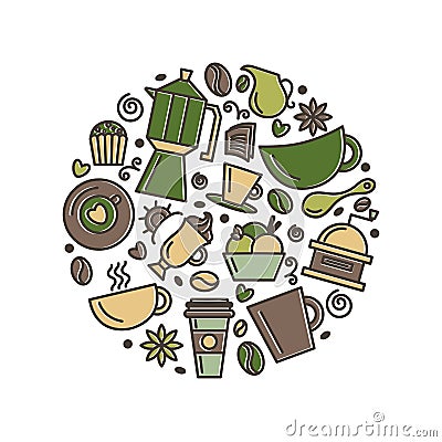 Set of coffee theme. Line art draw icons in the circle. Vector Illustration