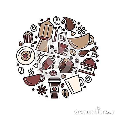 Set of coffee theme. Line art draw icons in the circle. Vector Illustration