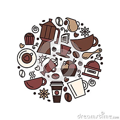 Set of coffee theme. Line art draw icons in the circle. Vector Illustration