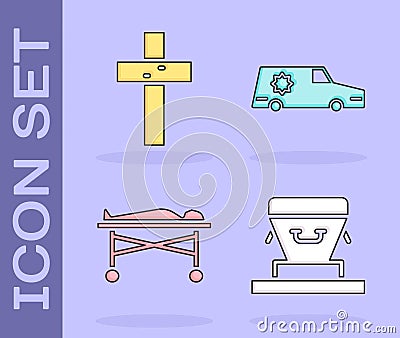 Set Coffin, Christian cross, Dead body in the morgue and Hearse car icon. Vector Vector Illustration