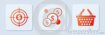 Set Coin money with dollar, Target with dollar and Shopping basket. White square button. Vector Vector Illustration