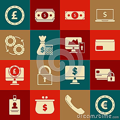 Set Coin money with euro symbol, Stacks paper cash, Calculator bag, Gear and arrows workflow process concept, pound Stock Photo