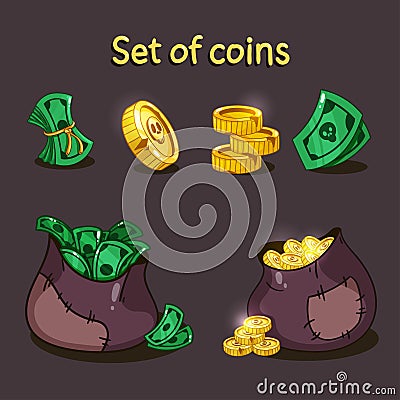 A set of coins and money for game design. A bag of money and coins. Vector Illustration