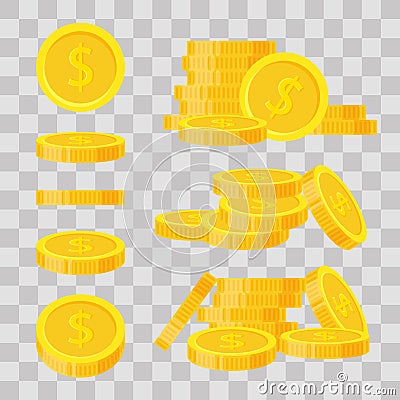 Set coins stack vector illustration, icon flat finance heap, dollar coin pile. Golden money standing on stacked, gold Vector Illustration