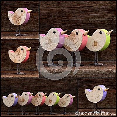 Set Colage Wooden Toy Birds Decoration Rough Background Stock Photo