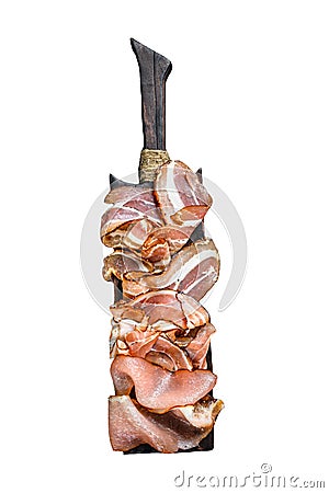 Set of cold cured italian meat Ham, prosciutto, pancetta, bacon. Isolated on white background. Top view. Stock Photo