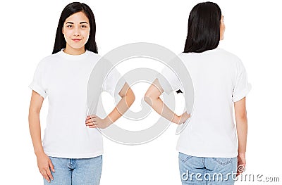 Set,collage asian,korean woman in t-shirt isolated on white background,Mock up for design. Copy space. Template. Blank Stock Photo