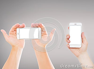 Set,collage hands holding mobile phones isolated on gray background Stock Photo