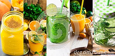 Set collage refreshing healthy drinks detox infused water and smoothies from fruits and vegetables.Citrus, pumpkin, cucumbers etc Stock Photo