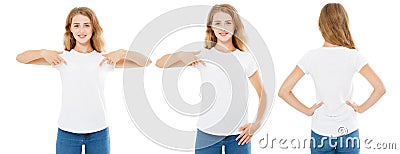 Set,collage woman points hand on white t-shirt isolated,girl tshirt,front and back views Stock Photo