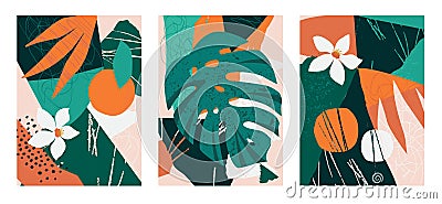 Set of collages contemporary floral. Modern exotic jungle fruits and plants illustration in vector. Vector Illustration