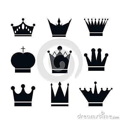 Set, collection of black crowns isolated on white background. Icon, logo, design element or stencil stock Vector Illustration