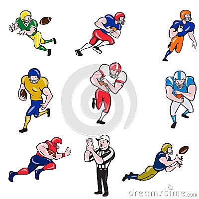 American Football Player Cartoon Collection Set Vector Illustration