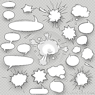 Set of collection comic style speech bubbles and elements with halftone shadows. Cloud oval rectangle and jagged shape Vector Illustration