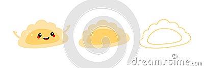 Set, collection of cute cartoon style pierogi, filled dumpling character with pierogi icons, symbols for food design Vector Illustration
