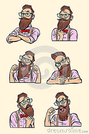 Set collection different emotions. Stylish bearded hipster with Vector Illustration