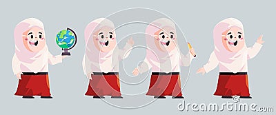 Set collection of elementary primary school kids Islam with hijab Vector Illustration