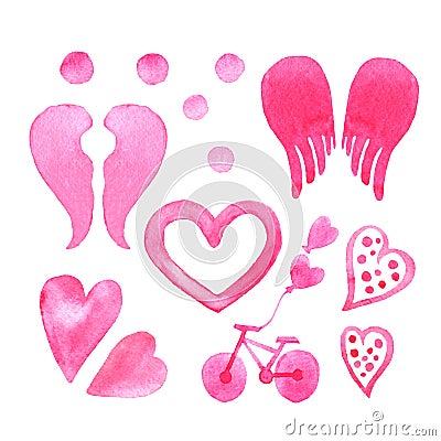 Set collection of hand drawn pink watercolor cliparts of ball, hearts, angel wings, balloon, bike isolated on white background. Stock Photo