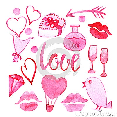 Set collection of hand drawn pink watercolor cliparts of ball, hearts, balloon, glass, gem, bird, lips,love isolated on white bac Stock Photo