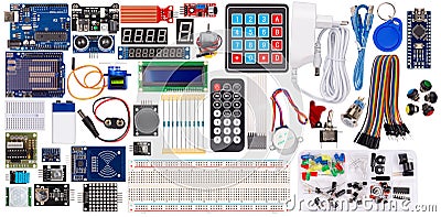 Set collection microcontroller parts board display sensor button switches rfid module lcd cable wire accessories and equipment Stock Photo