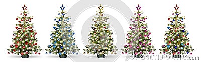 Set collection of natural nordmann christmas tree, decorated with silver red blue gold pink and silver wooden baubles stars hearts Stock Photo