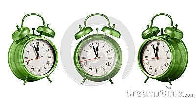 set collection retro clock, watch, pointer clock, Green color alarm clock on isolated white background Stock Photo