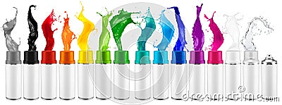Set collection row of many various spray can spraying colorful rainbow paint liquid color splash explosion isolated white Stock Photo