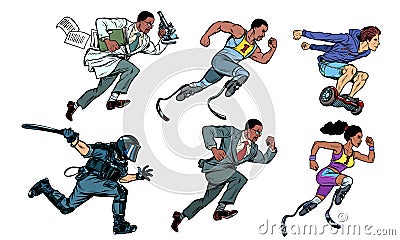 Set collection scholar athlete runner disabled police youth gyrometer businessman Vector Illustration