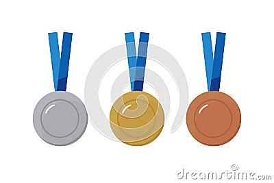 Set, collection of three medal icons. Vector cartoon style gold, silver, bronze medals for sport related design Vector Illustration