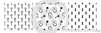 Set, collection of three vector seamless pattern backgrounds with locks and keys Vector Illustration