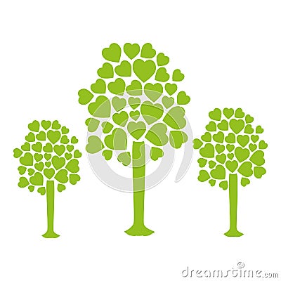 Set collection trees with leafy branches in heart shape form Vector Illustration