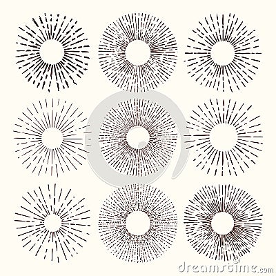 Set and collection of trendy hand drawn retro sunburst/bursting rays design elements. Vector Illustration