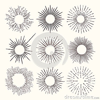 Set and collection of trendy hand drawn retro sunburst/bursting rays design elements. Vector Illustration