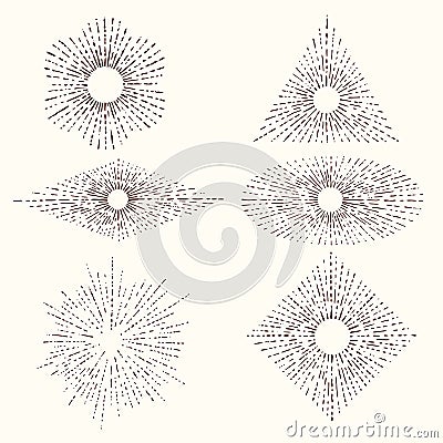 Set and collection of trendy hand drawn retro sunburst/bursting rays design elements. Vector Illustration